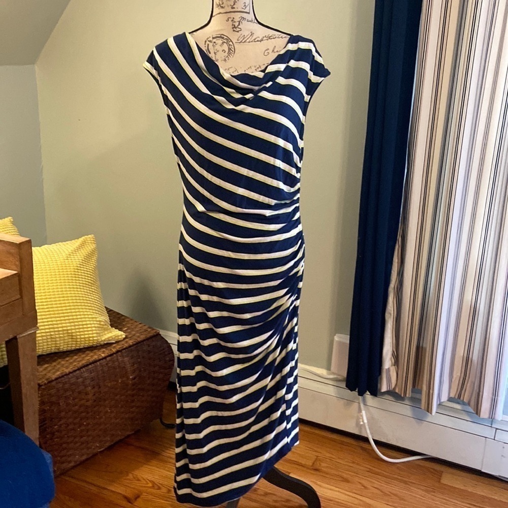 Vince Camuto Drape Neck, Ruched Side Striped A-symmetrical Dress